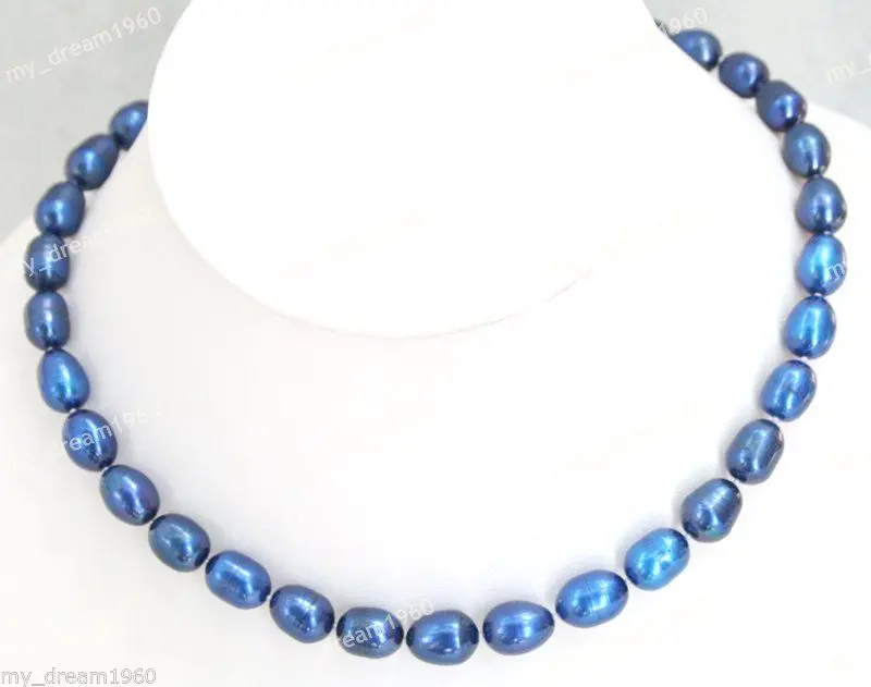 

Hot sale new Style >>>>>Genuine Natural 9-10mm Rice Blue Freshwater Cultured Pearl Necklace 17''