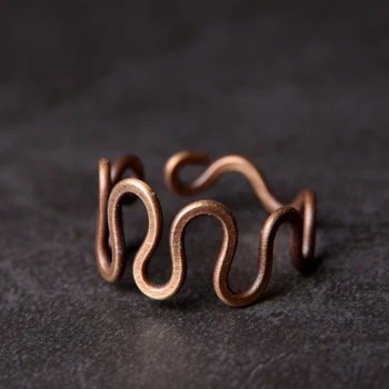 

Handcrafted Curve Vintage Process Solid Copper Ring THE FREEDOM Size Adjustable Wave Retro Punk Unisex Street Male Female