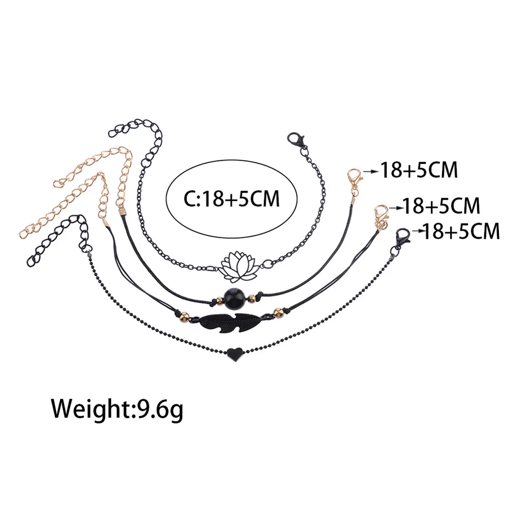 Sindlan, 4 шт., готический Набор браслетов с черным пером в виде лотоса, очаровательные браслеты в форме сердца, браслеты в стиле бохо для женщин, браслеты на запястье, браслеты на цепочке, модное ювелирное изделие