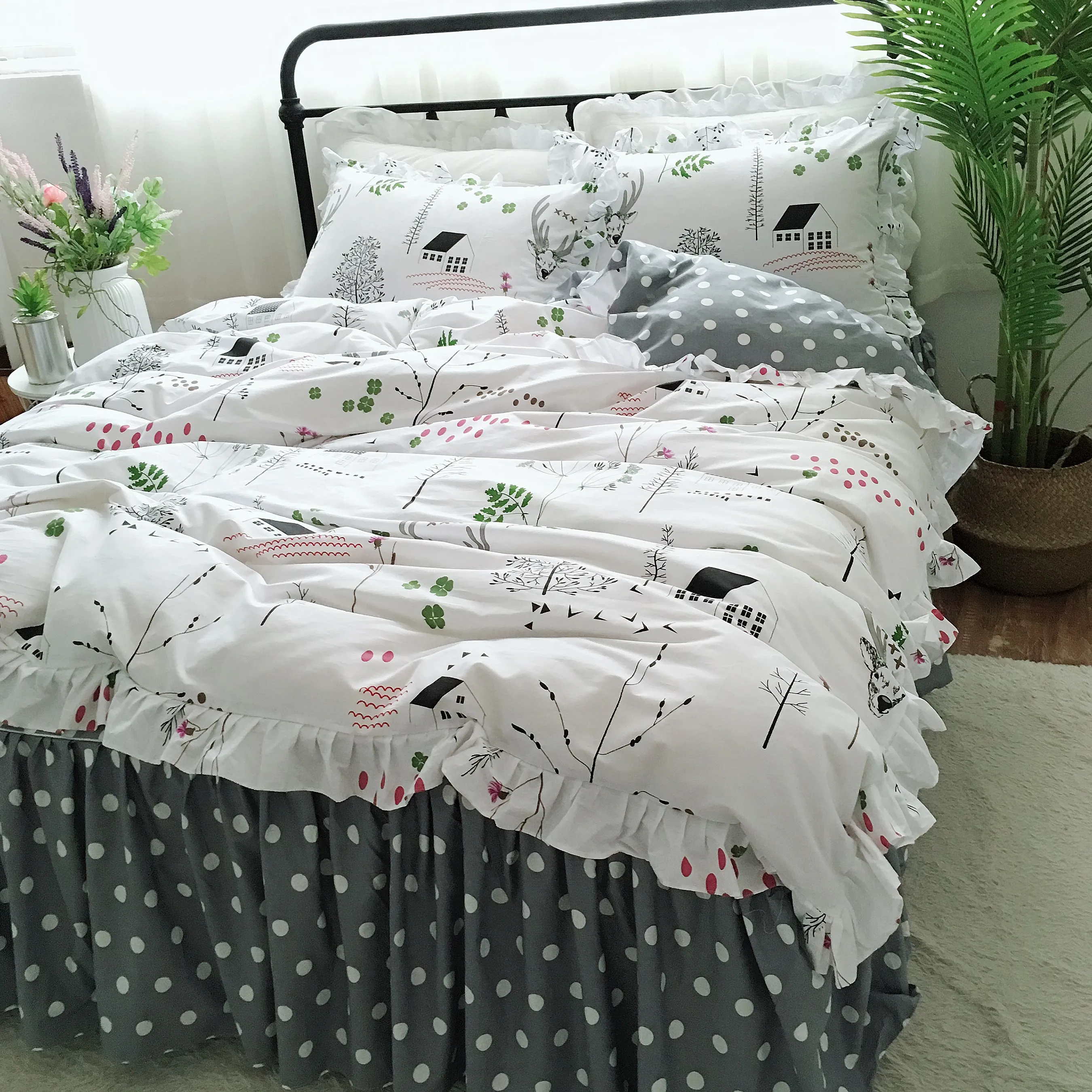 Fresh print bedding set ruffle duvet cover elegant flower lace bedspead