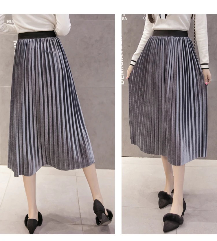 pleated midi skirt New 2019 Autumn Winter Elastic High Waist Skirt Solid Casual Pleated Skirts Womens Striped Jupe Femme Velvet Saias Midi Skirt cute skirts