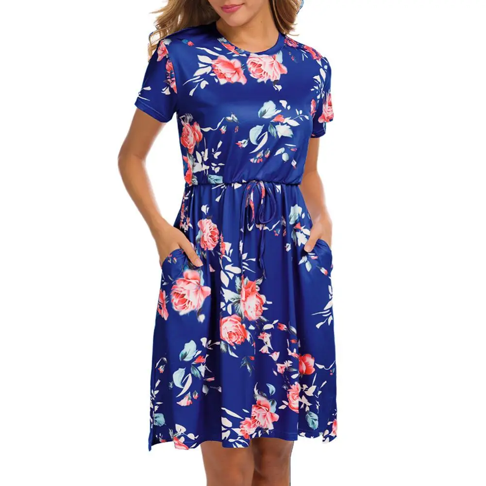 

2019 Summer Women Sundress Vintage Flower Print O-Neck Short Sleeve Drawstring Beach Evening Party Midi Dress with Pockets