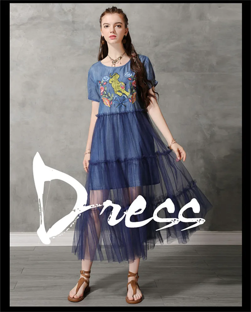 Summer Sexy Mesh Dress 2019 Vintage Women Denim Dresses Tiger Embroidery Chiffon Patchwork Vestido O-neck Dress KE82176 (1)