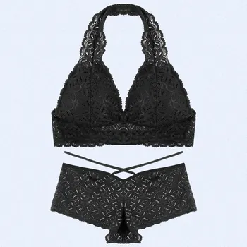 

Black temptation wireless ladies bra suit perspective no rims triangle cup sutian Lace Sexy Underwear bralette set bikini women