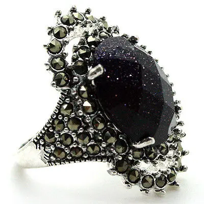 

17*29mm NEW JEWELRY BLUE SANDSTONE MARCASITE 925 STERLING SILVER RING SIZE 7/8/9/10