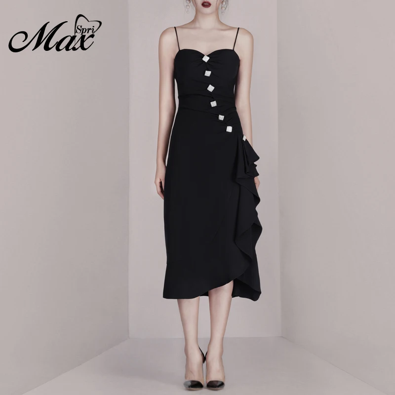 

Max Spri Women Strap Black Irregular Party Dresses 2019 New Fashion Strapless Mid-Calf Summer Casual Dress Beaded