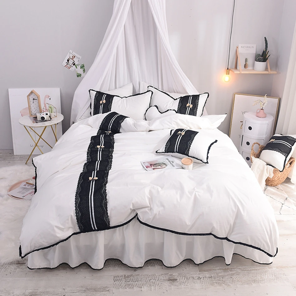 Cute Bowknot Bed Skirt with Ruffles Heart Cushion Black ...