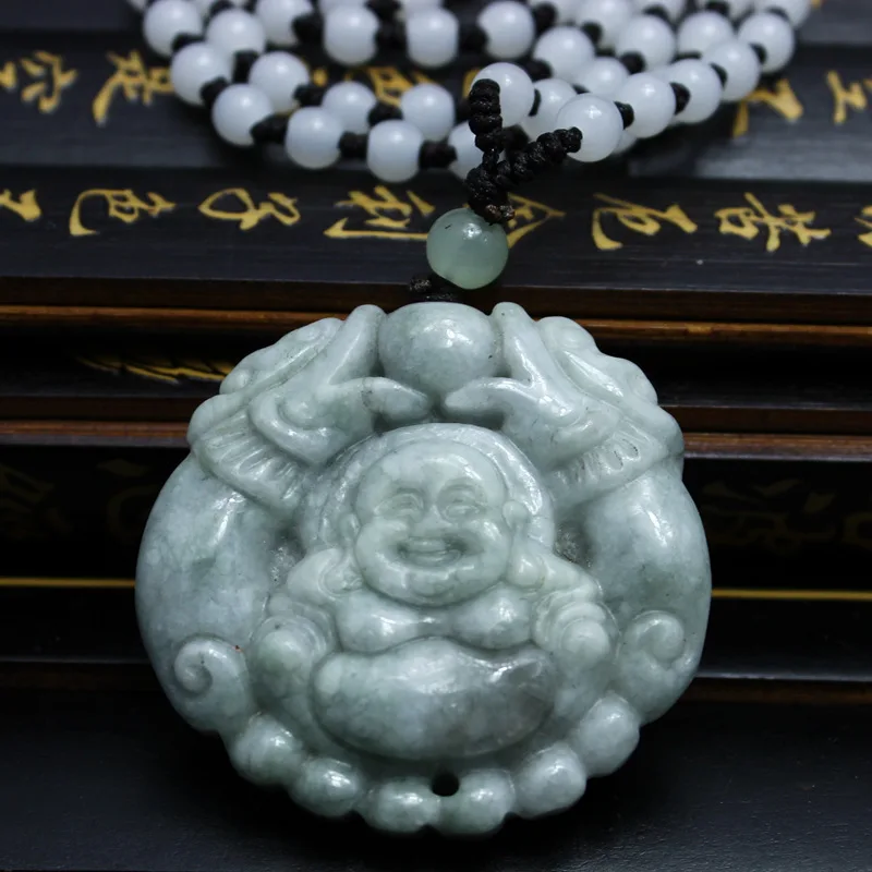 Натуральный карго jadeite двусторонний Смеющийся Будда Shuanglong леди Jades кулон