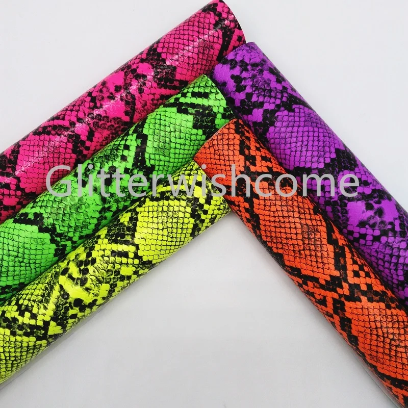 

Glitterwishcome 21X29CM A4 Size Vinyl For Bows Neon Printed Snake Python Leather Fabirc Faux Leather Sheets for Bows, GM292A