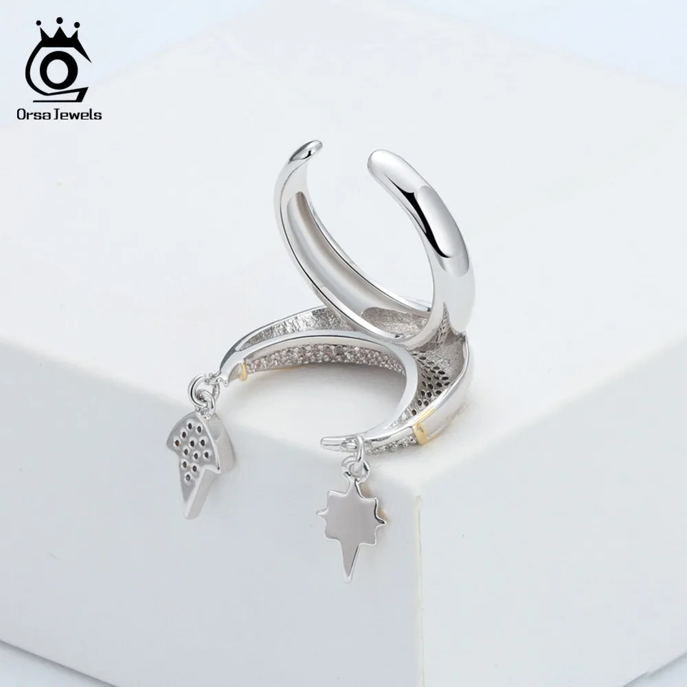 ORSA JEWELS Women Finger Rings Silver Color With Gold-color 23MM Moon And Dangle Meteor Shiny CZ Adjustable Female Jewelry OR185