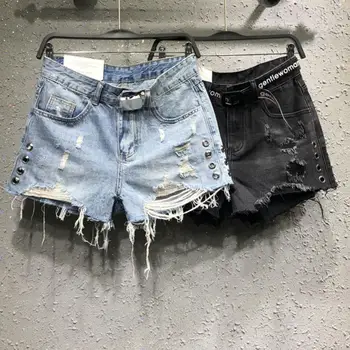 

2020 Summer new personality ring high waist denim shorts women hole wide leg jeans shorts