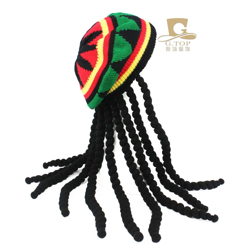 

Fancy Dress Party Costume Hippie beret Dreadlocks Wig jamaican rasta knit hat Bob Marley Caribbean Fancy Dress Prop