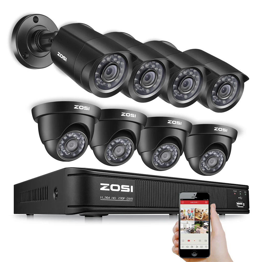 ZOSI 8CH Security Camera System 1080N DVR Reorder with (8) HD 1280TVL Outdoor CCTV Cameras with Motion Detection