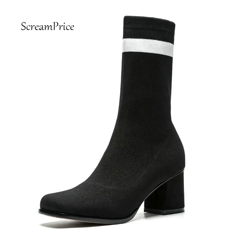 

Ladies Knitting Comfort Square Heel Ankle Sock Boots Fashion Slip On Round Toe Women Fall Winter Bootie Black