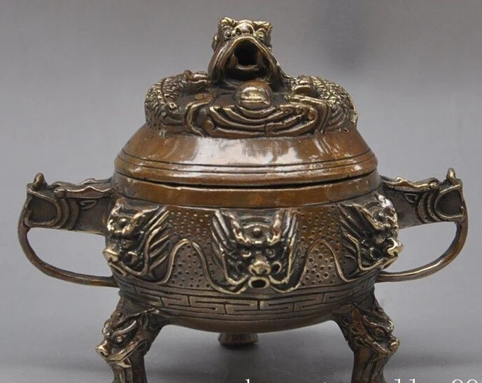 

5.3" chinese fengshui bronze copper 9 dragon statue lucky incense burner Censer