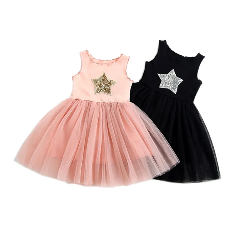 

4-8Years Old Girls' Sequin Star Sleeveless Vest Dresses Children's Party Wedding Princess Gauze Ball Gown Dress Fashion Clothing