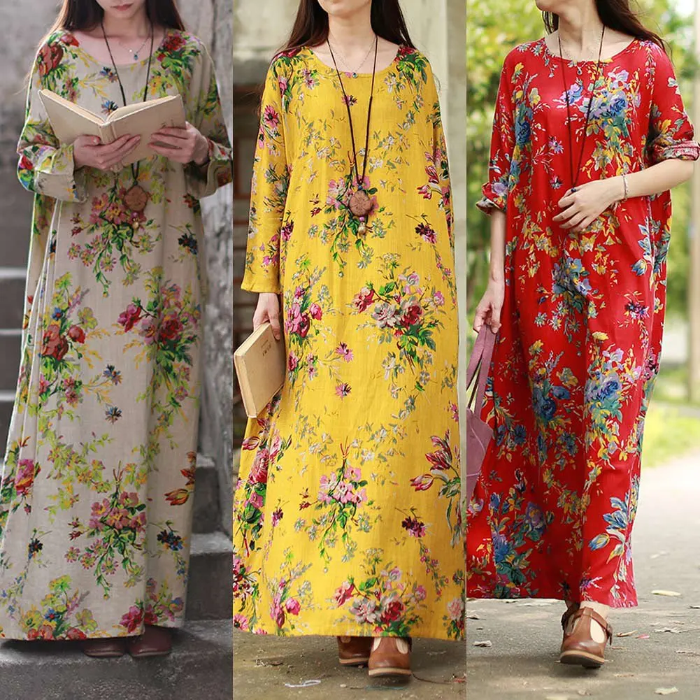 

DCOS Women Plus Size Vintage Floral Print Long Dress Lady O Neck Long Sleeve Pockets Cotton Linen Loose Robe Dress Casual Dress