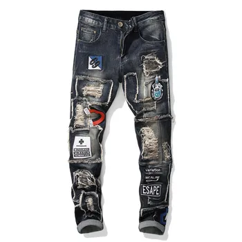 

New 2019 men's embroidered jeans Slim Hole patched jeans