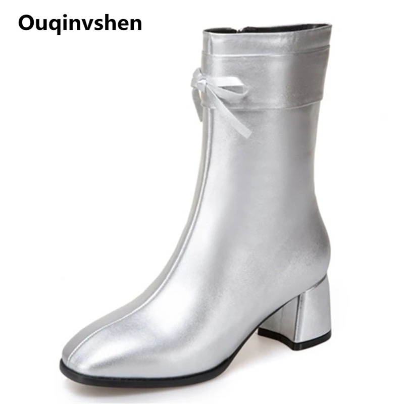 

Ouqinvshen Butterfly-knot Silver Boots Women Zipper Square Toe Plus Size Women Fashion Office Ankle Boots Thick Heel High Heels