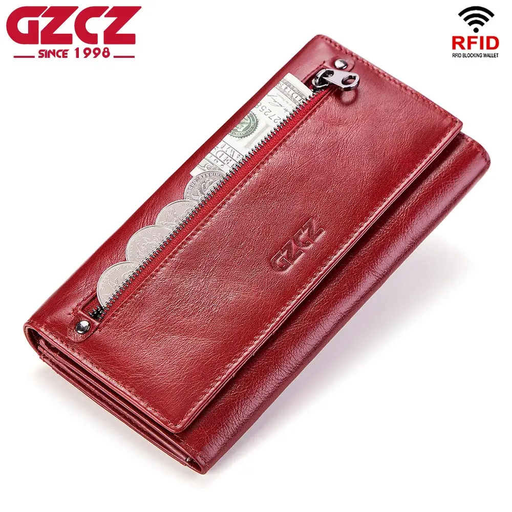 GZCZ Fashion Wallet Women Genuine Leather Coin Purse Portomonee Luxury Brand Kashelek Female Long Walet Womens Lady Cuzdan Rfid