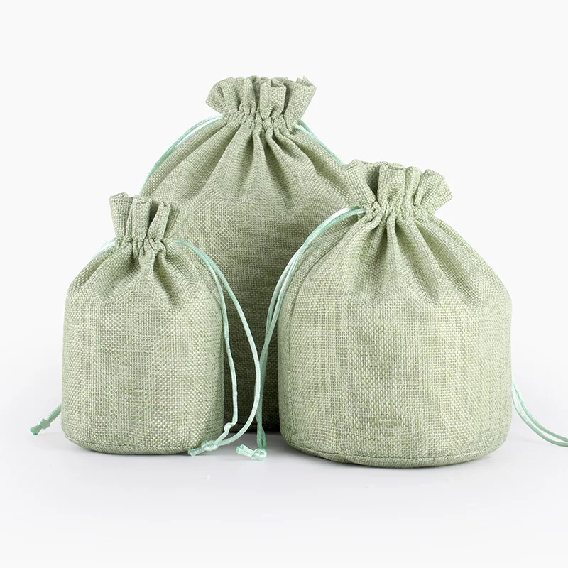 13x18 см Льняная сумка на шнурке, сумка для ювелирных изделий, индивидуальный логотип, Холщовый мешочек из мешковины, вечерние подарочные сумки для конфет с круглым дном - Цвет: Светло-зеленый