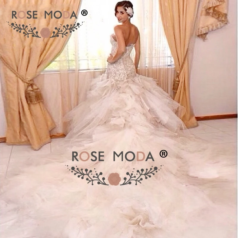 Rose Moda роскошное свадебное платье русалки с длинным шлейфом кружевные свадебные платья с кристаллами