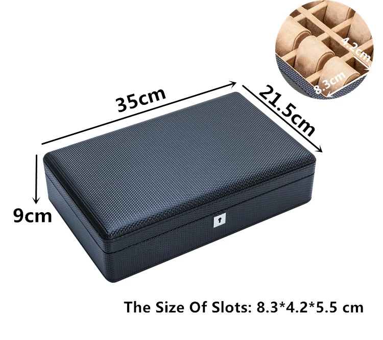 Топ 12 слотов кожа Коробки для часов модные черные углерода Волокно часы коробка для хранения с замком часы и Дисплей часы подарочный футляр