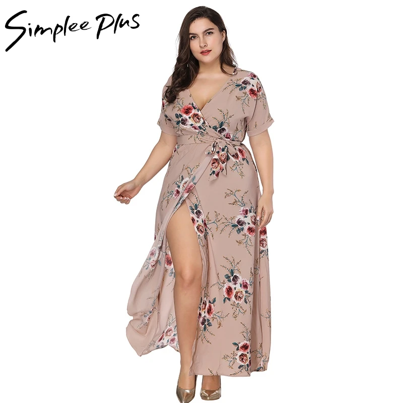 

Lycheer Large Size Summer Beach Maxi Dresses Boho Short Sleeve V Neck Long Dress Women Split Dress Plus Size XL 4XL 5XL 6XL