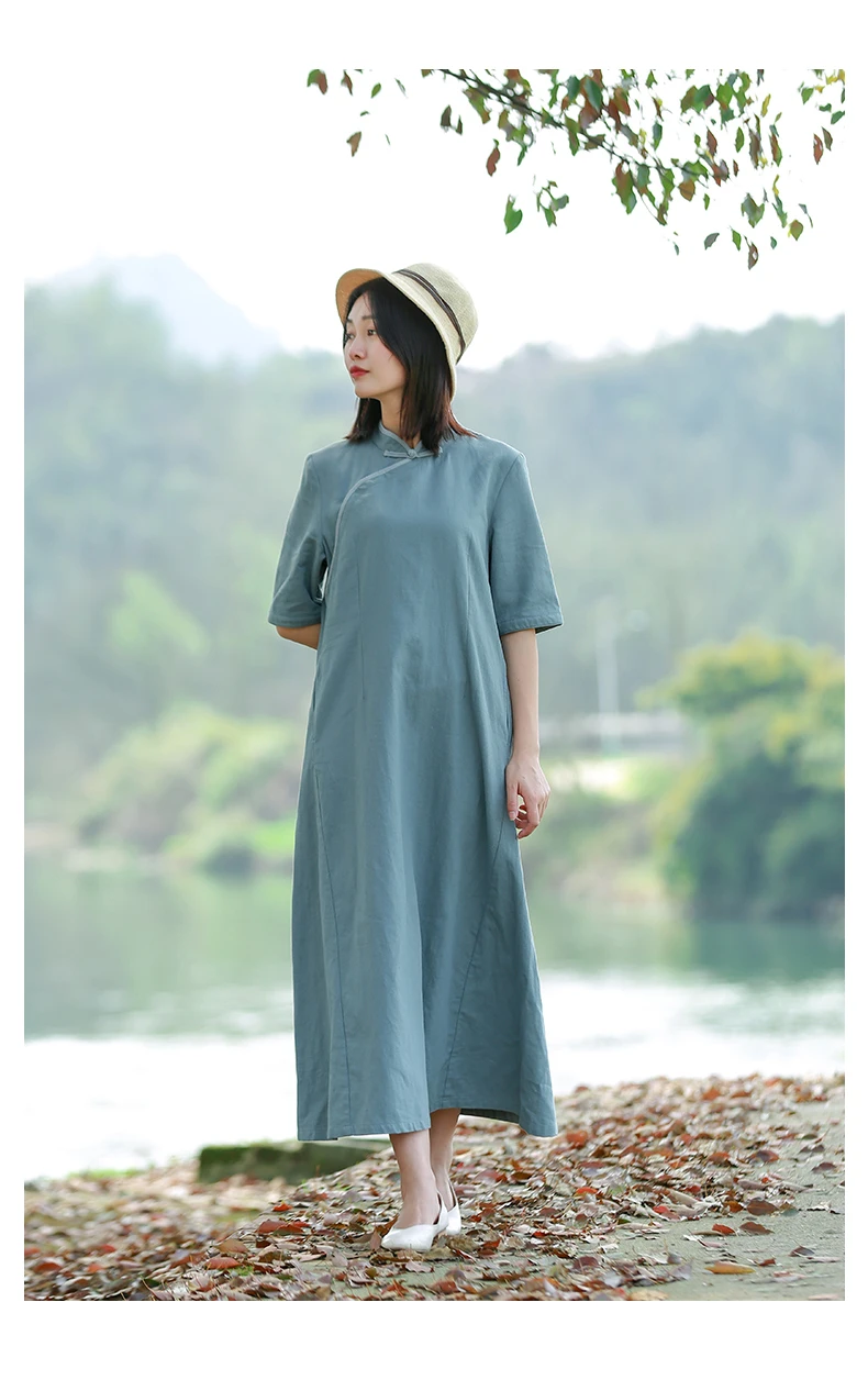 LZJN традиционное китайское стильное платье летнее платье Ципао длинное винтажное женское хлопковое льняное платье с карманами
