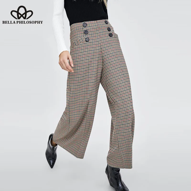Wonder 2018 autumn Casual Plaid Long Pants High Waist Loose Female Wide Leg Pants Vintage Pockets Button Lady Long Black Pants