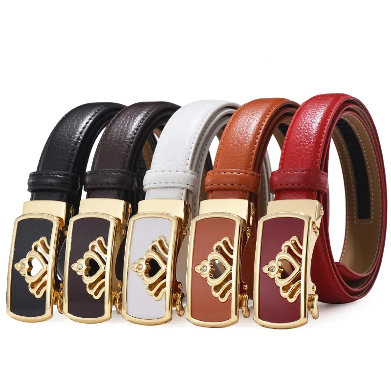 

Crown Pattern Designer Female Automatic Buckle Luxury Brand Belts for Women Real Cowhide White Ladies Detachable Straps Belt
