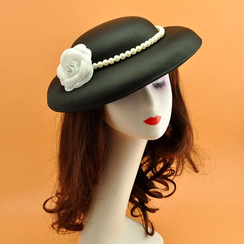 

Black Female Church Hat Elegant Female Hats Tea Party Hat Camellia Pearl Opening Female Hat Curling Cap
