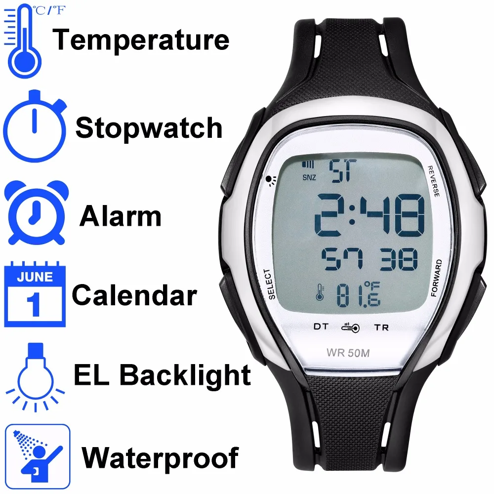 

DeRieter Multifunctional Sports Electronic Digital Men Watch Waterproof With Back Light Thermometer Temperature Sensor