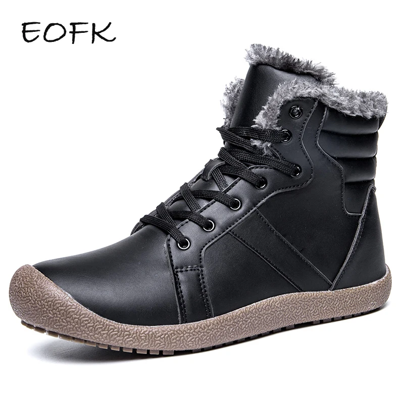 

EOFK Women Leather Boots Womens Ankle Boots With Short Plush Casual Flat Shoes Waterproof High Top Solid Warm Winter Shoes Woman