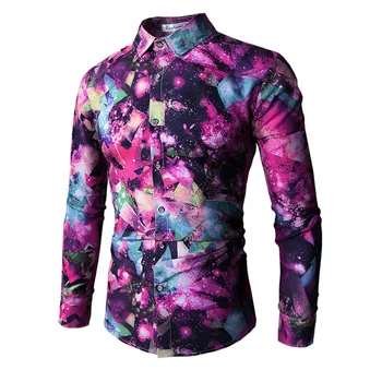 

New 2019 Spring Casual Men Shirts 3D Print Galaxy Space Slim Fit Shirts With Long Sleeve Homme Streetwear Fashion Blouse Top