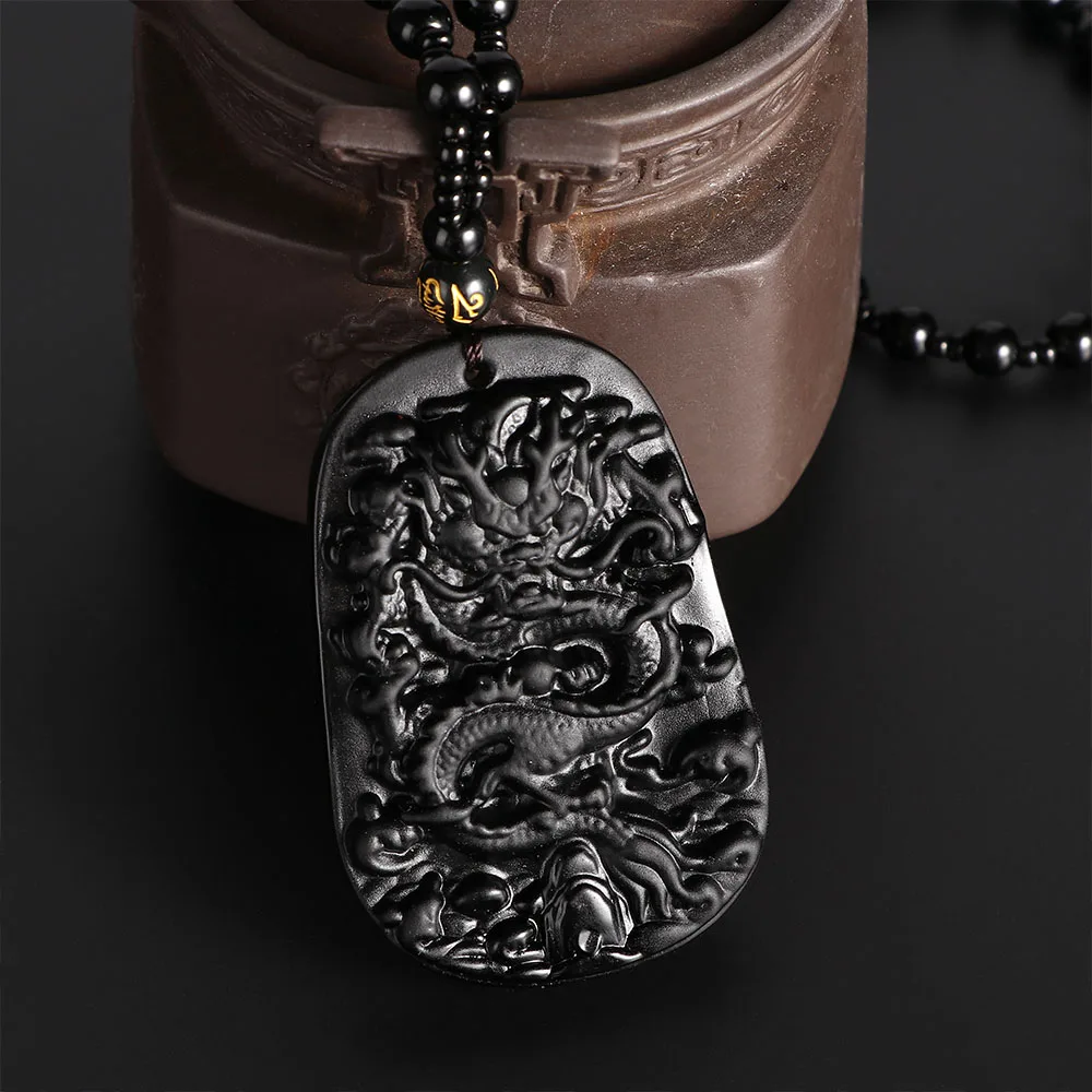 Necklace Men Choker Hand-Carved Natural Black Obsidian Dragon Pendant Long Beads Fashion Jewelry | Украшения и аксессуары