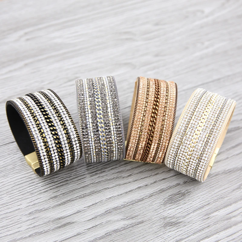 

2019 New Rhinestone Wrap Bracelet For Women Chain Wide Charm Bangles Leather Bracelets Jewelry pulseras