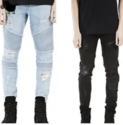 2019 разрушенные для мужчин s тонкий деним прямо Байкер обтягивающие мужские джинсы рваные джинсы представляют костюмы дизайнер брюки для