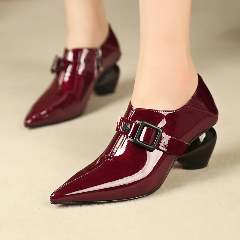 

Plus size 42 women's patent leather metal buckle high heel retro vintage pumps pointed toe lace-up oxfords autumn female shoes