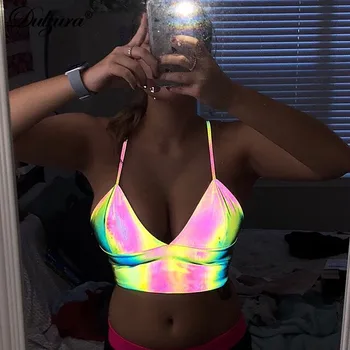 

Dulzura 2019 summer women crop top tank top tops sexy reflective cute festival party streetwear v neck club clothes