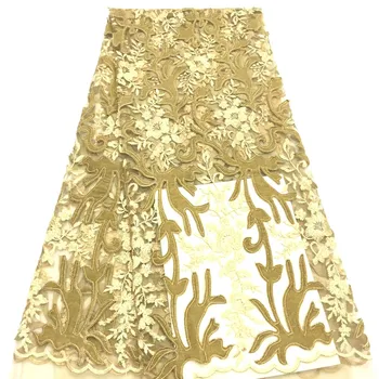

African Lace Fabric Latest Gold High Quality French Velvet Embroiery Tulle Lace Fabric For Nigerian Party 5yards HJ1568-1
