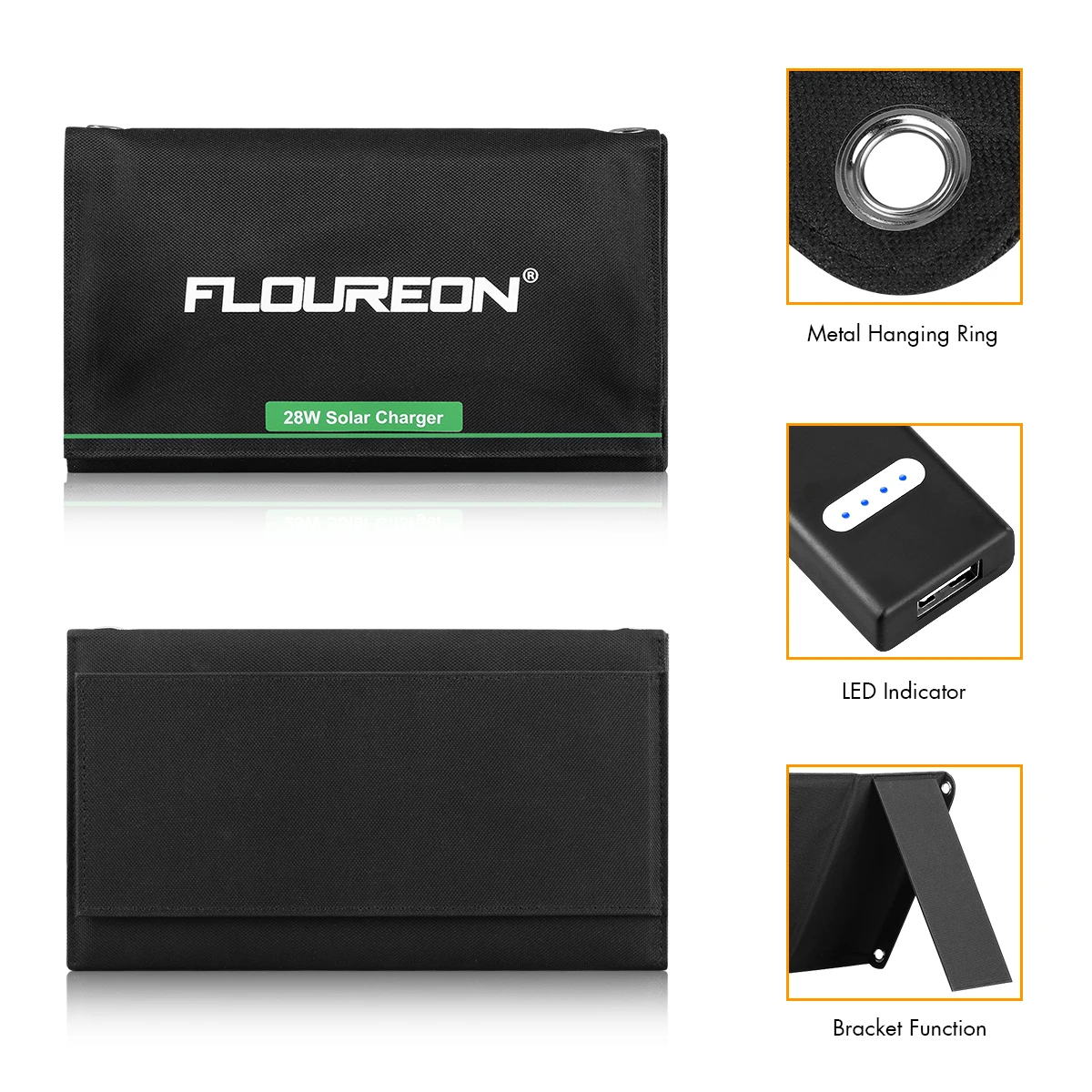 

FLOUREON 28W Foldable Waterproof Solar Panel Charger Mobile Power Bank for Smartphones Tablets Triple USB Ports Outdoor