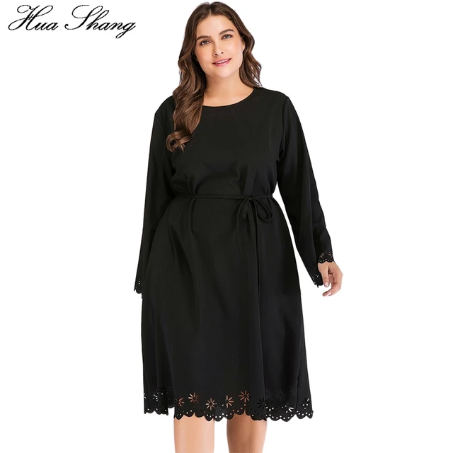 Plus Size Women Summer Long Sleeve Dress Black Hollow Out Floral Swing