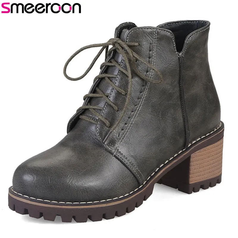 

Smeeroon new popular ankle boots for women autumn winter boots lace up platform shoes round toe high heels women boots