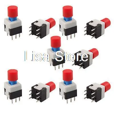 

10pcs 8 x 8mm Red Round Cap Self Lock Push Button Tact Tactile Switch 6 Pin PCB