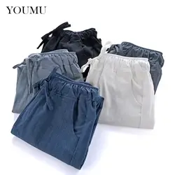 Модные хлопковые льняные шаровары женские свободные мешковатые эластичной резинкой на укороченные брюки Slack 200-292