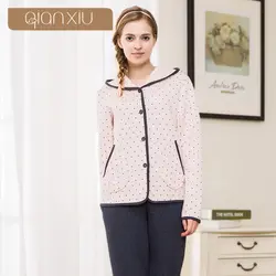 Qianxiu зимний стиль новый для женщин пижамный комплект с принтом букв костюм капюшоном для стеганые толстые тепло пунктир