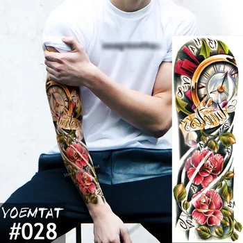 

New 1 Piece Temporary Tattoo Sticker Color Clock roses Full Flower Tattoo with Arm Body Art Big Large Fake Tattoo Sticker