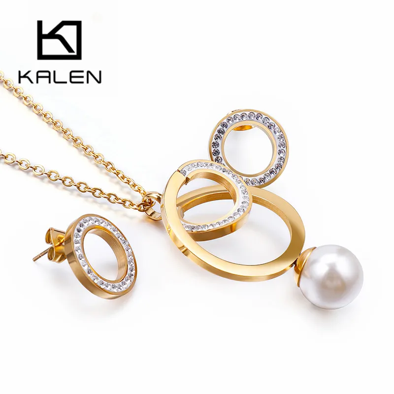 

Kalen Women Engagement Stainless Steel Jewelry Sets For Women Irregular Round Zircon Simulaed Pearl Necklaces Earrings Sets Gift