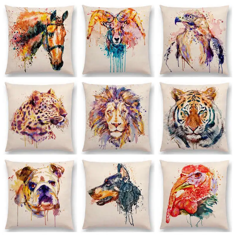 

Watercolor Animals Head Portrait Bighorn Lion Leopard Tiger Bear Eagle Horse Dogs Cushion Cover Home Sofa Throw Pillow Case